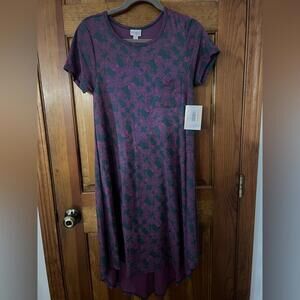 LuLaRoe Carly Dress Steel Blue Pink Floral Swing High Low T Shirt Flowy XS NWT